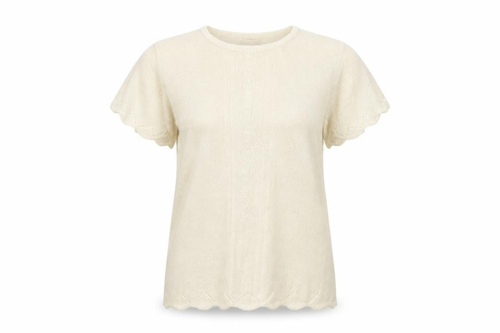 Front view of Bonmarché women’s gold acrylic basic t-shirt, size M, round neck
