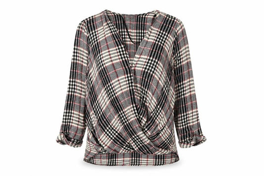 Front view of Primark women’s multicoloured v-neck plaid viscose jumper, size UK 8