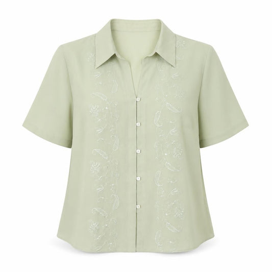 Front view of Fosby women’s green floral polyester basic button-up, size UK 16, collared