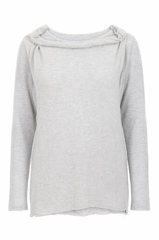 Front view of Mini velvet women’s grey crew neck acrylic jumper, size UK 12
