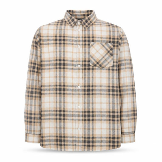 Front view of Boohoo men’s brown plaid cotton button-up, size XL, collared button