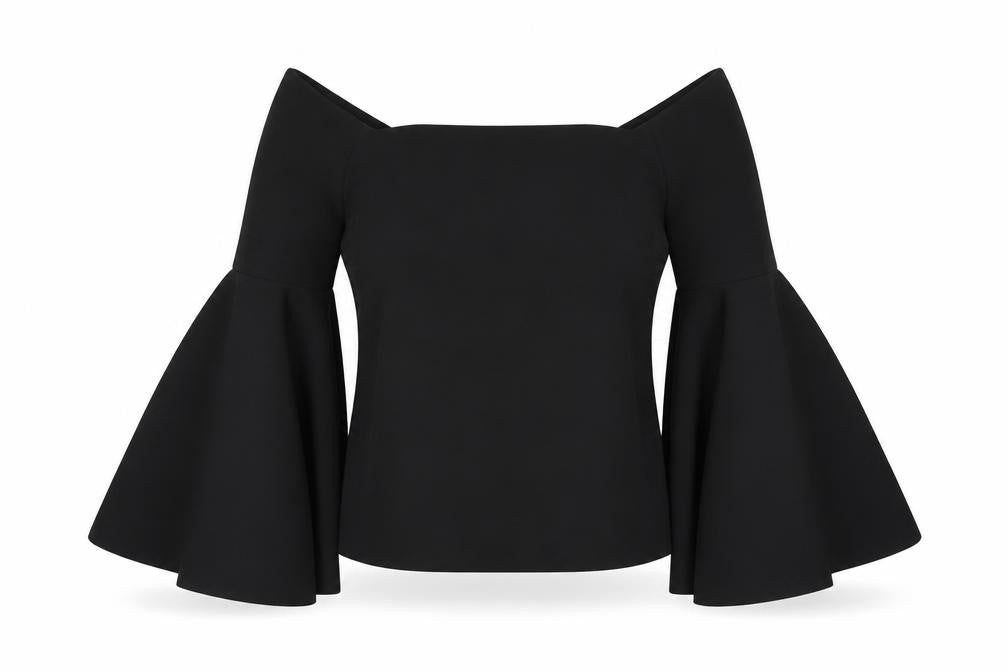 Front view of New Look women’s black polyester jersey blouse, size UK 10, off the shoulder