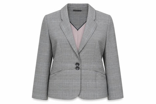 Front view of Next women’s grey check polyester jacket suit jacket, size UK 12