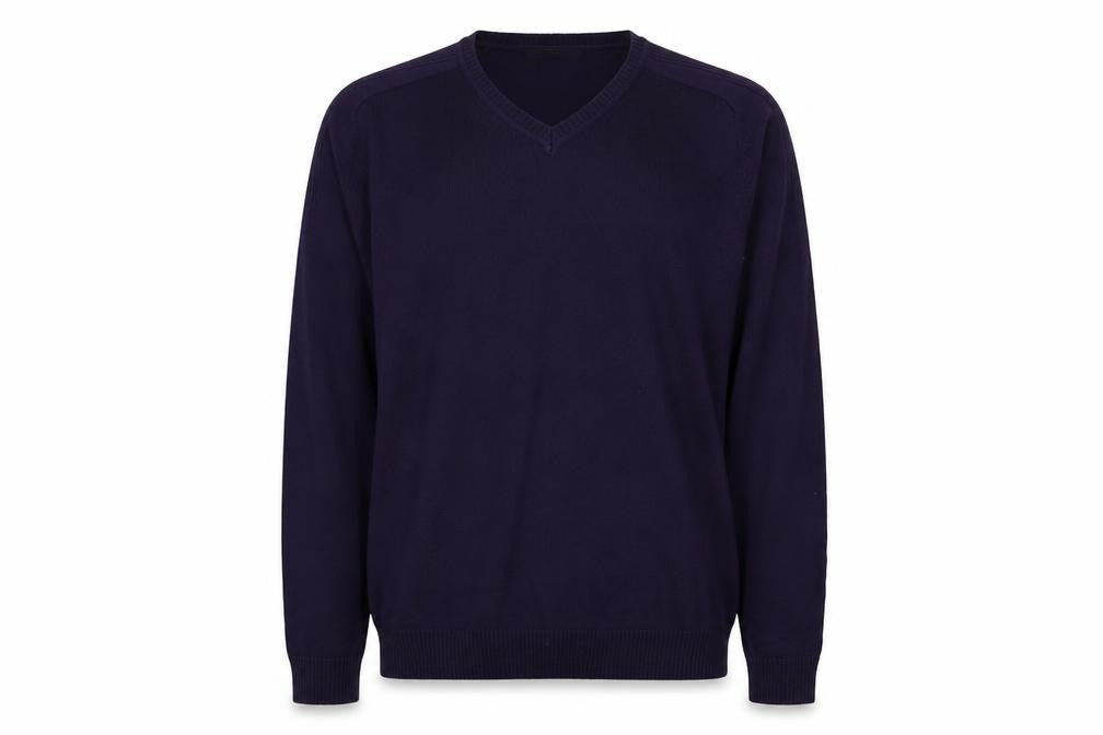 Front view of George men’s purple v-neck acrylic jumper, size L