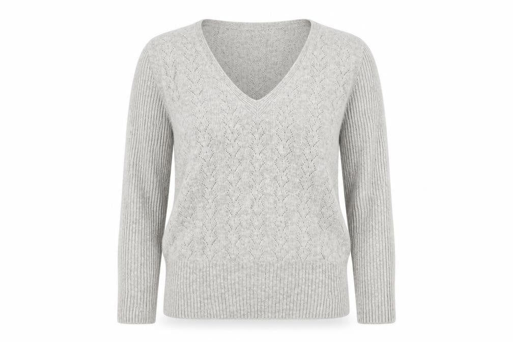 Front view of Next women’s grey v-neck viscose jumper, size UK 8