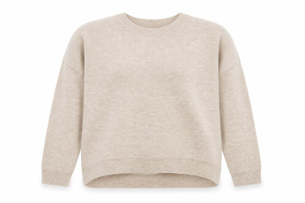 Front view of H&M women’s beige round neck acrylic jumper, size L