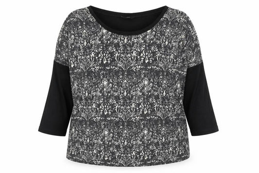 Front view of F&F women’s black round neck floral viscose jumper, size UK 16