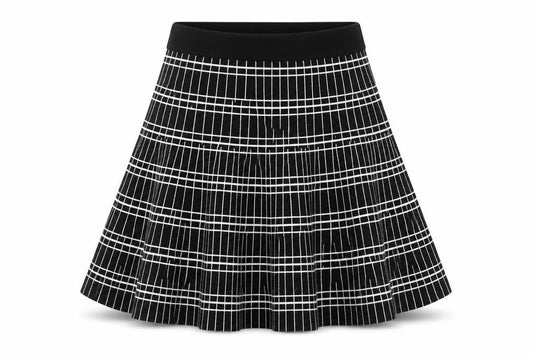 Front view of Truworths women’s black geometric viscose skater skirt, size UK 10
