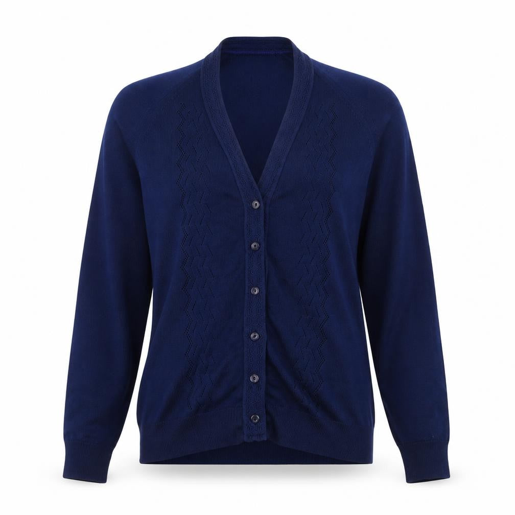 Front view of Preworn women’s blue v-neck polyester cardigan jumper, size S
