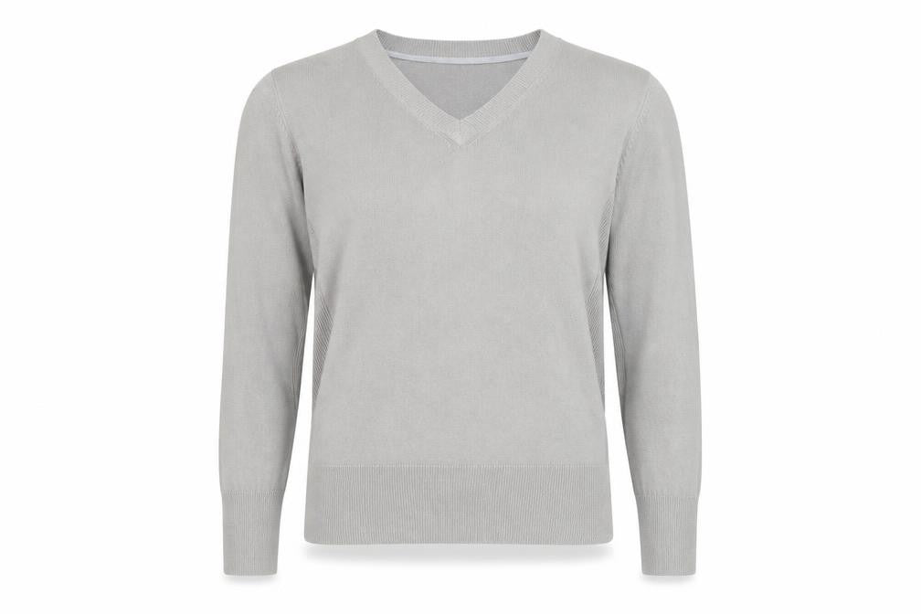 Front view of Primark women’s grey v-neck acrylic jumper, size UK 6