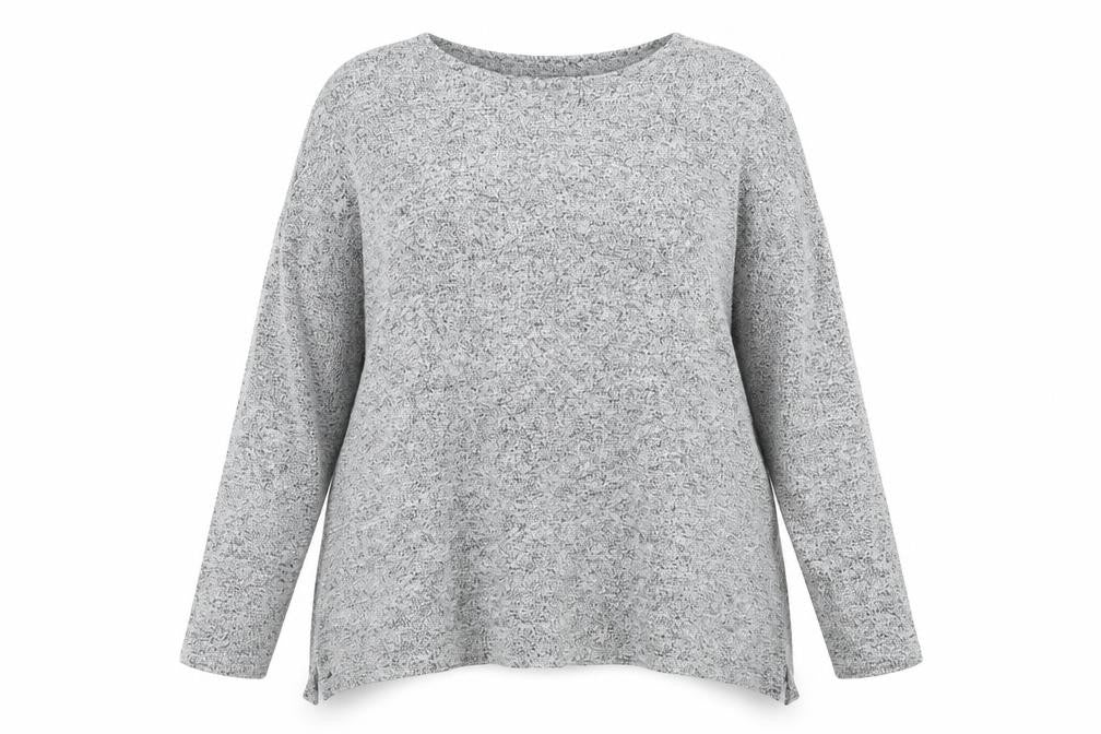 Front view of Papaya women’s grey crew neck polyester jumper, size UK 16