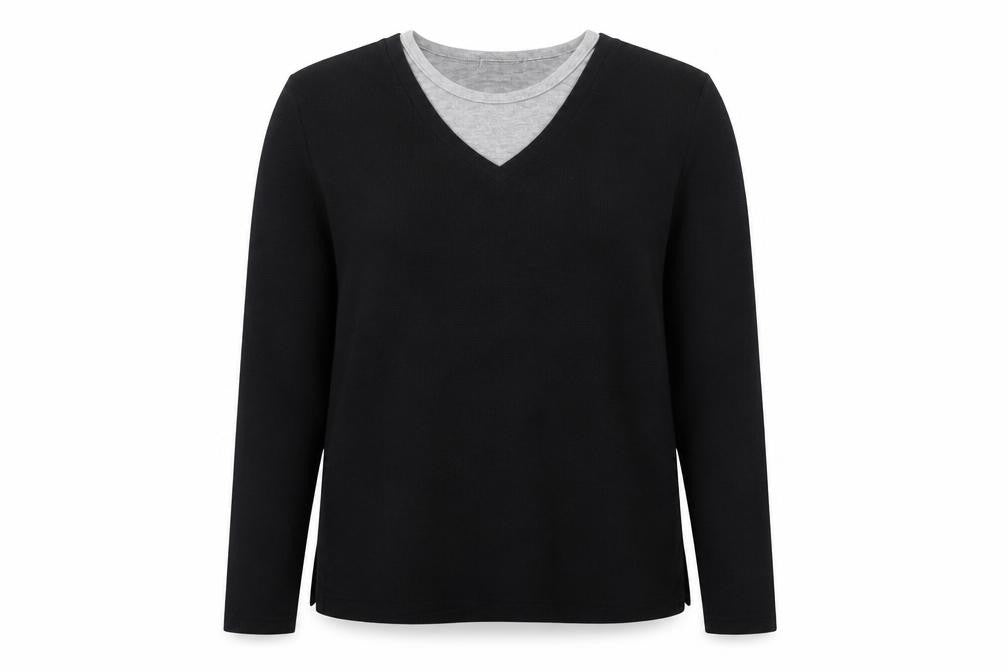 Front view of Accent women’s black v-neck polyester jumper, size UK 10