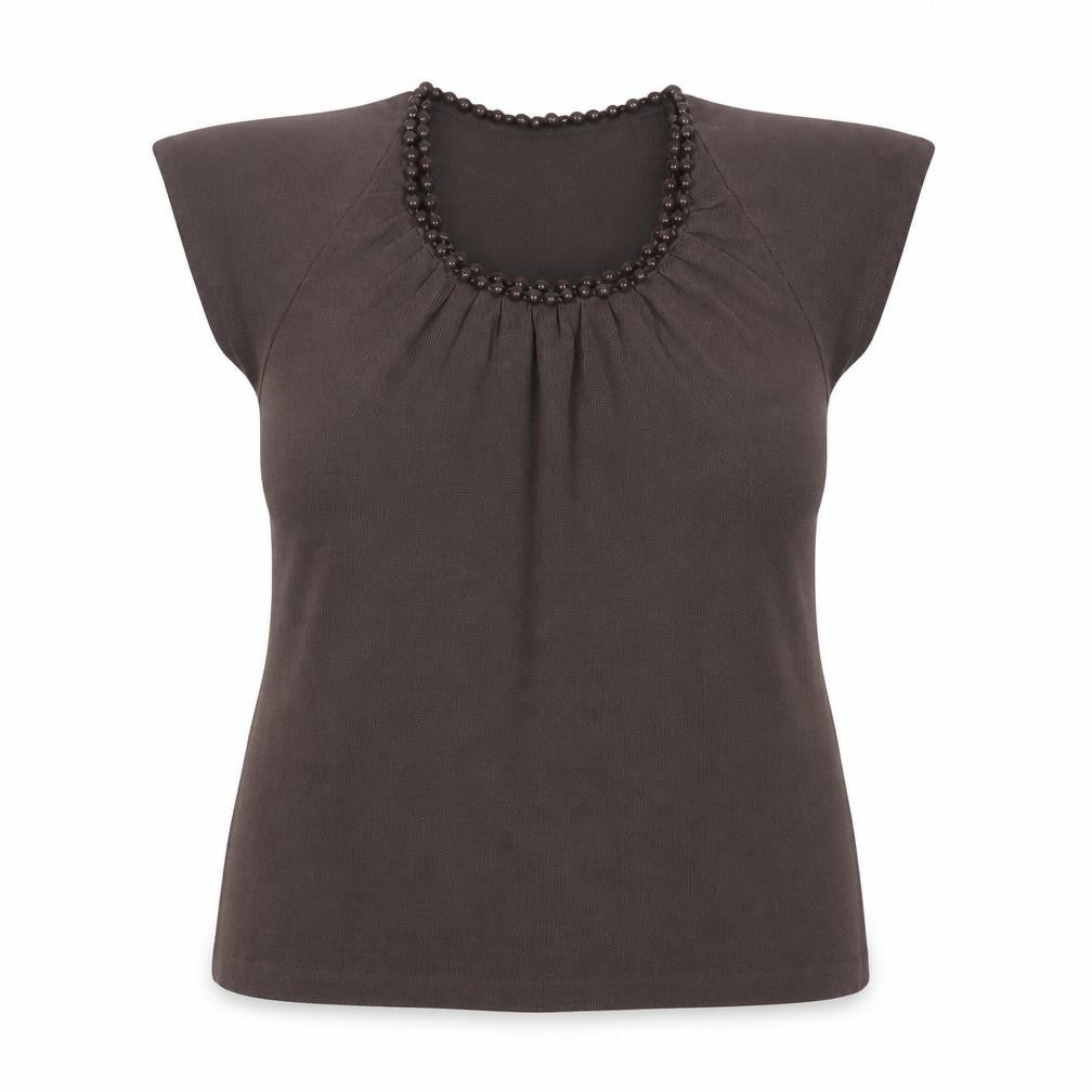 Front view of Minuet women’s brown scoop neck viscose jumper, size UK 18, - embellished neckline