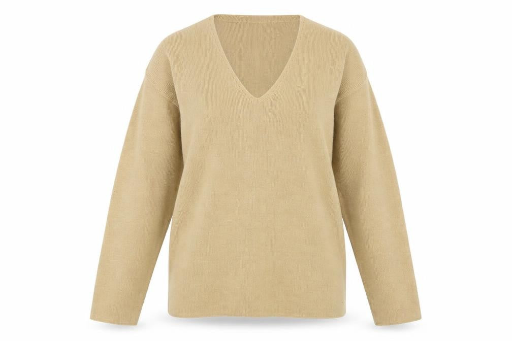 Front view of Canda women’s beige v-neck acrylic jumper, size S