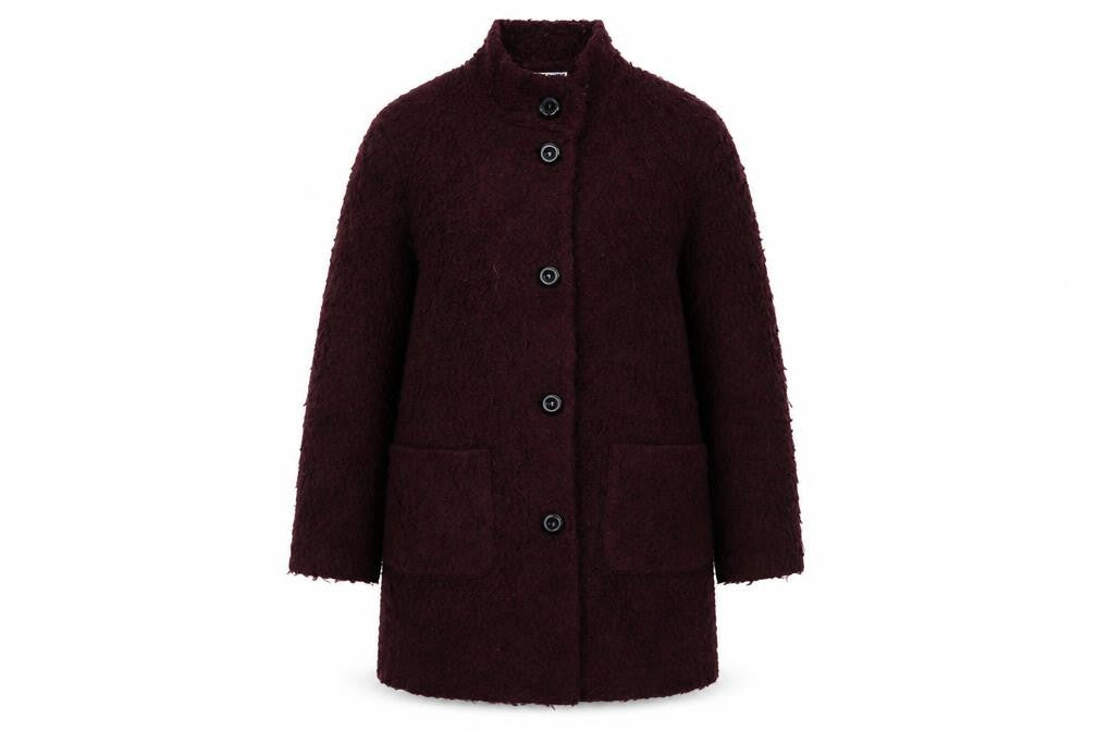 Front view of Isle women’s purple overcoat coat, size L, button