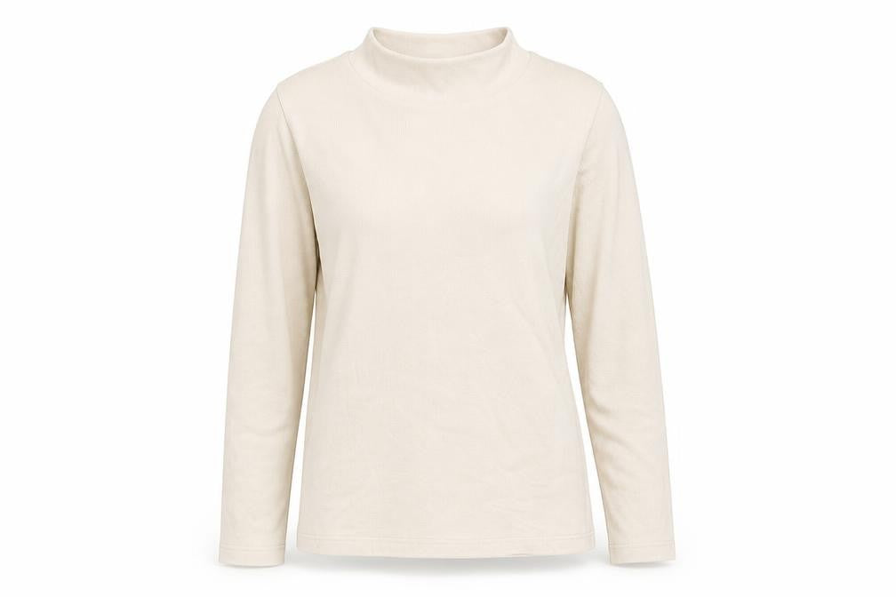 Front view of Xhange women’s beige mock neck polyester jumper, size M