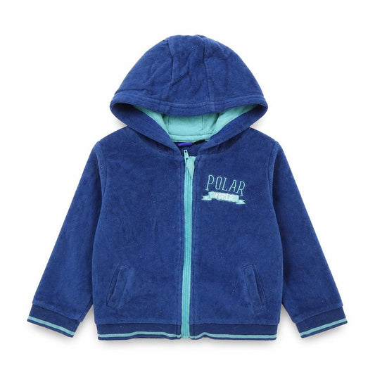 Front view of Lupilu boys’ blue cotton full zip jumper, size 12-18, months zip - polar world