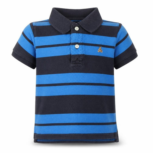 Front view of Gap boys’ blue striped cotton basic polo, size 2, years collared button