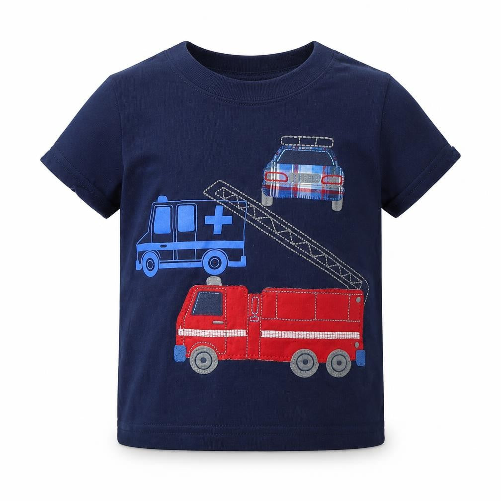 Child of Mine by Carter's Boys Blue Cotton Basic T-Shirt Size 12 Months Round Neck - Fire Engine