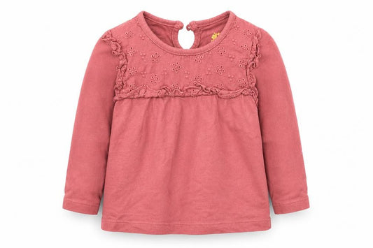 Front view of Primark girls’ pink cotton basic t-shirt, size 6-9, months round neck button