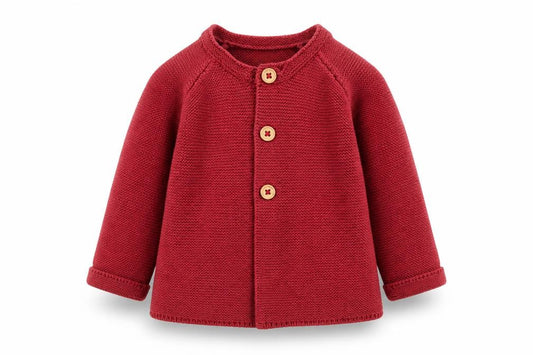 Front view of George girls’ red cotton cardigan jumper, size 6-9, months button