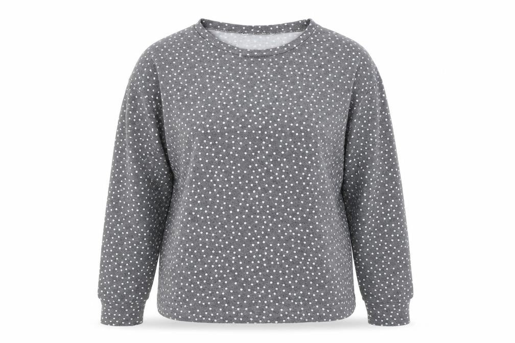 Front view of Preworn women’s grey round neck polka dot polyester jumper, size UK 4