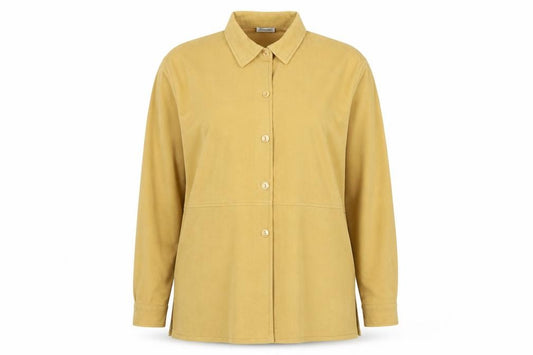 Front view of Samanta women’s yellow polyester jersey button-up, size L, collared