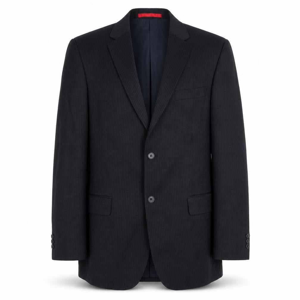 Front view of Burton men’s black striped polyester jacket suit jacket, size 40