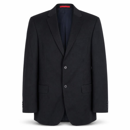 Front view of Burton men’s black striped polyester jacket suit jacket, size 40