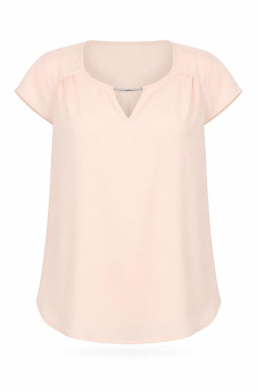Front view of Atmosphere women’s pink polyester basic blouse, size UK 12, round neck