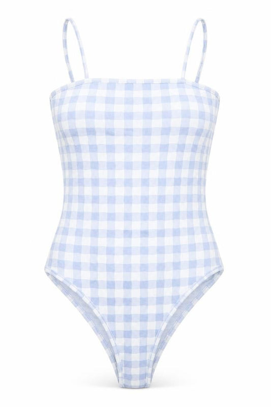 Front view of Primark women’s blue check polyester bodysuit one-piece, size UK 6, - 6-8
