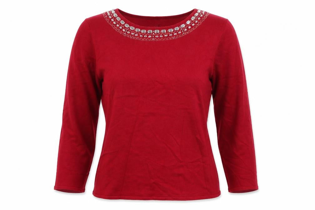 Front view of Autonomy women’s red boat neck viscose jumper, size M