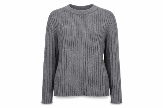 Front view of Vero Moda women’s grey round neck striped viscose jumper, size UK 12