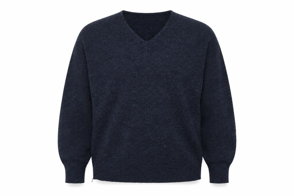 Front view of H&M men’s blue v-neck acrylic jumper, size S