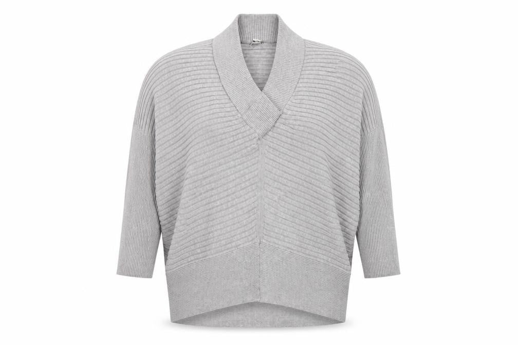 Front view of River Island women’s grey v-neck polyester jumper, size M