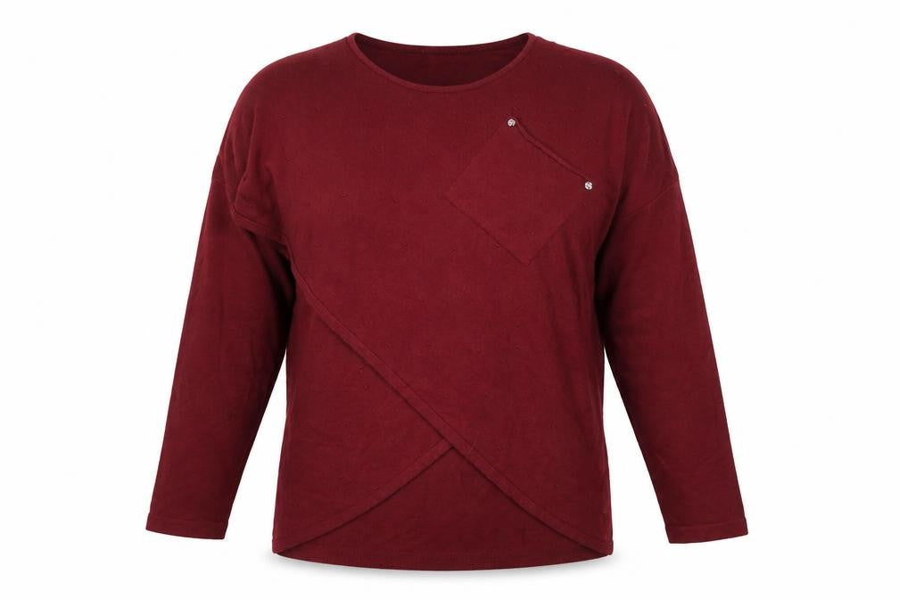 Front view of Preworn women’s red round neck polyester wrap jumper, size L
