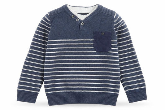 Front view of George boys’ blue crew neck striped cotton jumper, size 5-6, years pullover