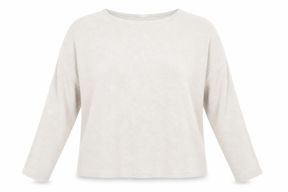 Front view of H&M women’s beige crew neck viscose jumper, size M