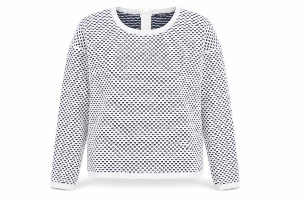 Front view of ESMARA women’s white geometric cotton pullover sweatshirt, size S, zip