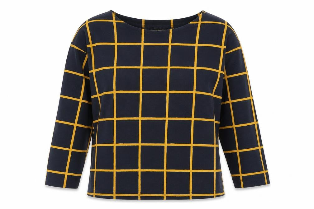 Front view of Bonmarché women’s blue plaid polyester basic t-shirt, size UK 14, crew neck
