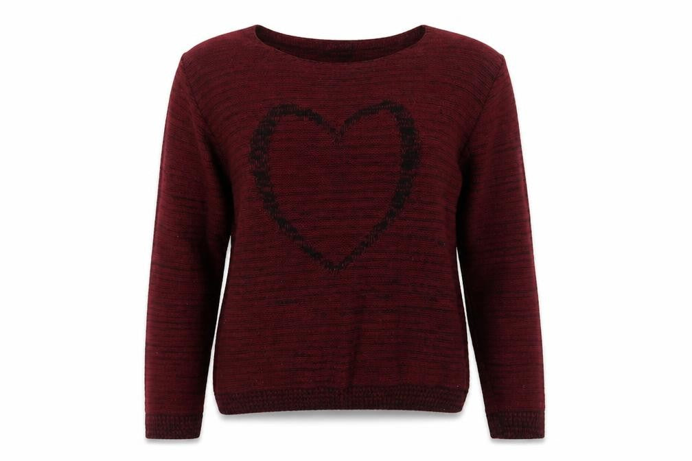 Front view of Mia Moda women’s red boat neck acrylic jumper, size M, - heart