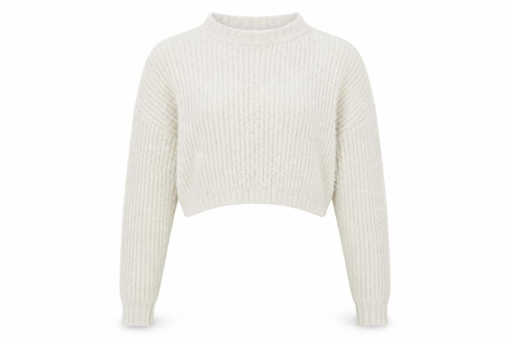 Front view of Prett women’s beige boat neck polyester jumper, size M