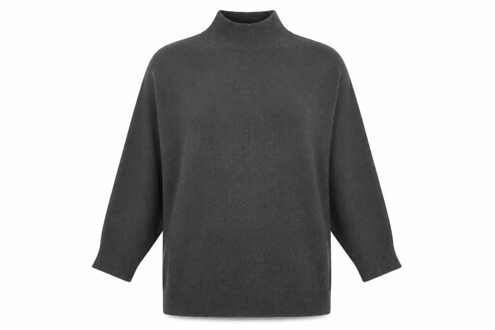 Front view of PRETTYLITTLETHING women’s grey high neck acrylic tunic jumper, size S
