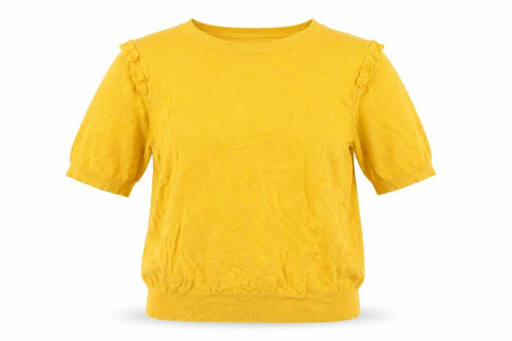 Front view of Oasis women’s yellow round neck acrylic jumper, size L