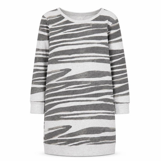 Front view of Next girls’ grey geometric 100% cotton jumper dress, size 8, years round neck pullover