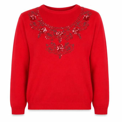 Top Secret Womens Red Round Neck Floral Acrylic Pullover Jumper Size M
