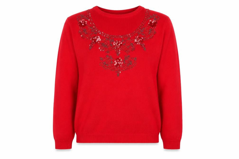 Top Secret Womens Red Round Neck Floral Acrylic Pullover Jumper Size M