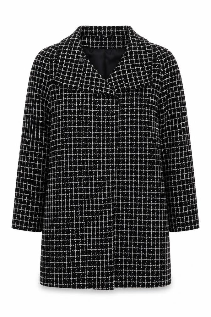 Front view of Marks & Spencer women’s black check jacket coat, size UK 12, button