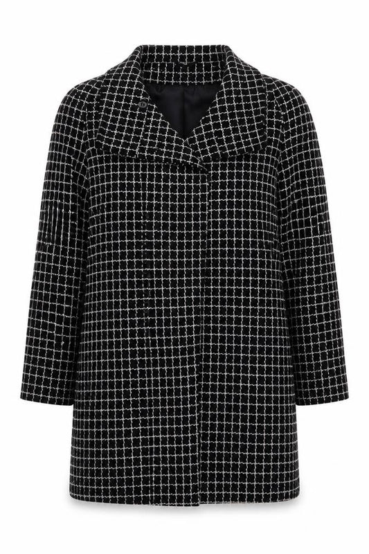 Front view of Marks & Spencer women’s black check jacket coat, size UK 12, button
