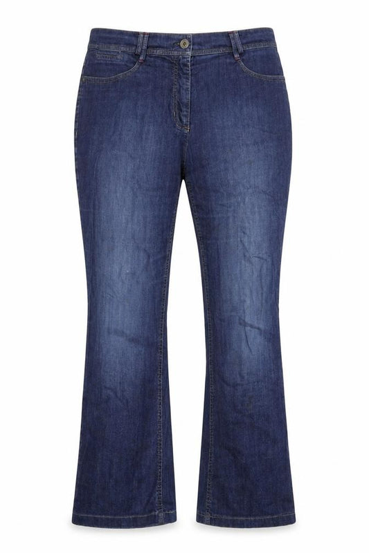 Front view of Gelco women’s blue cotton bootcut jeans, size UK 36, in, 29-inch leg regular zip